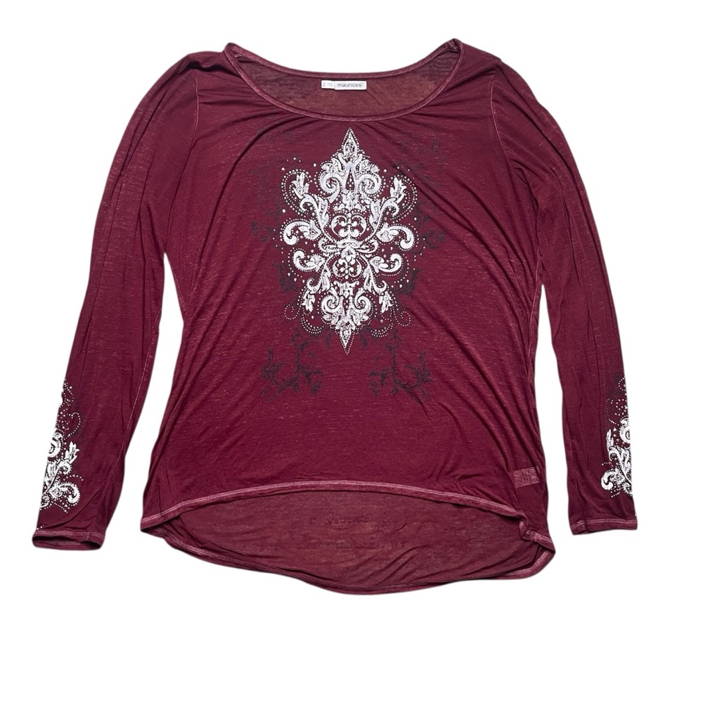 Maurice’s y2k red & white graphic gemstone bedazzled long sleeve shirt blouse